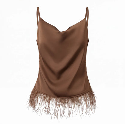 Women Feather Tank Top Summer High Street Sleeveless Fluffy Fur Cami Tops Flowy Fringe Y2k Going Out Crop Tops