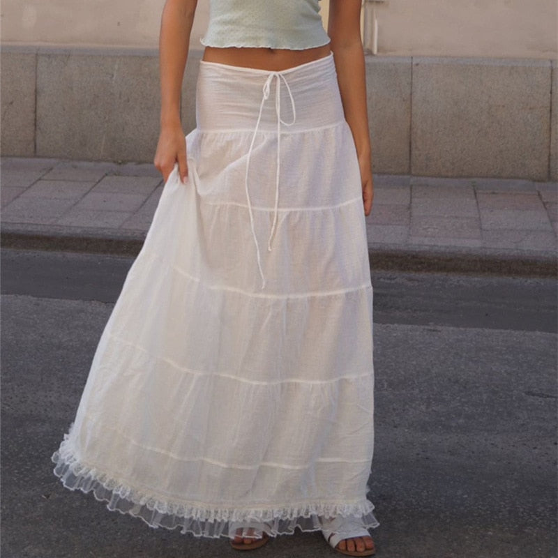 White 2 Piece Sets Lace Trim Square Neck Crop Top Ruched Panelled Maxi Skirt Vacation Outfits