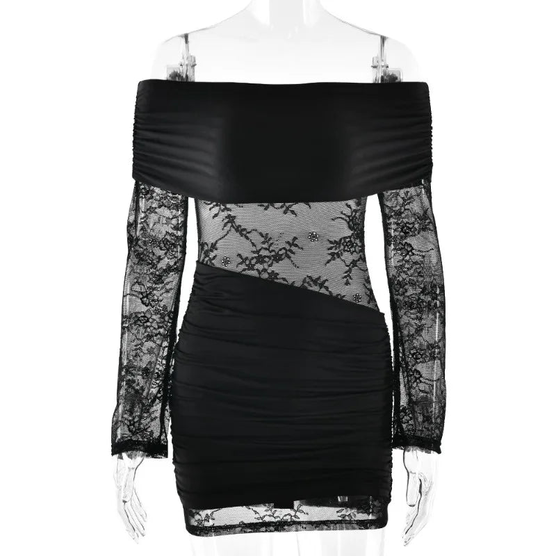 Lace Mesh Sheer Off Shoulder Mini Dress with Sleeves Elegant Sexy Black Party Dress För Birthday Woman