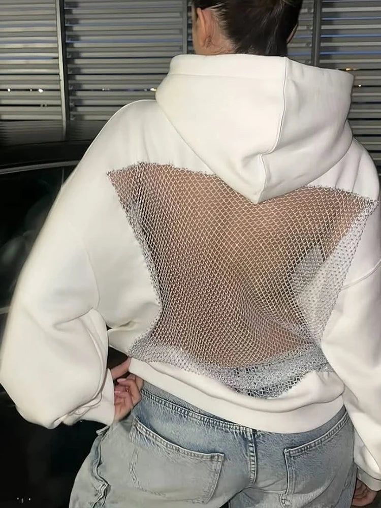Harajuku Hooded Sweatshirt Women Autumn Trend Backless Glitter Mesh Patchwork Casual Streetwear Hipster Pulloverr