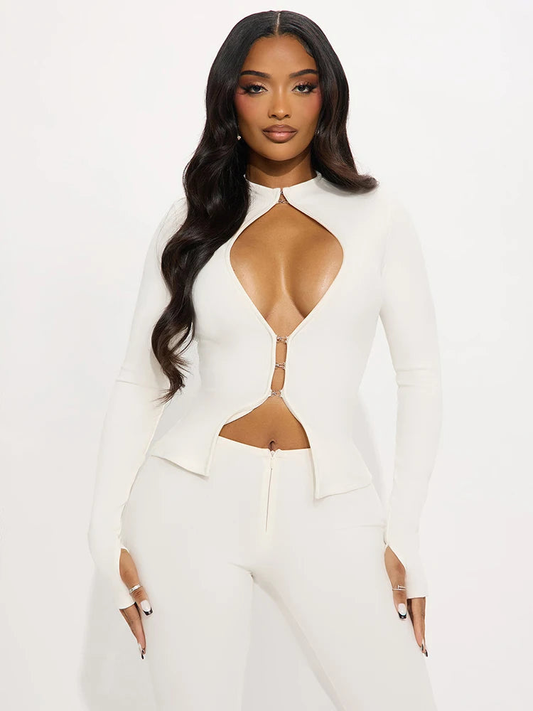 Simple Tracksuits 2-Piece Set Women Chest Hollow Long Sleeve Cardigan+Zip Pants Marching Stretch Skinny Sexy Clubwear
