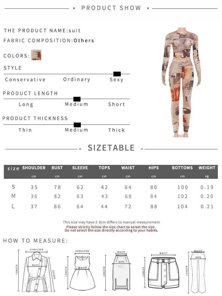 Colorful Print 2-Piece Set Women o-Neck Full Sleeve Crop Top+Elastic Waist Simple Pant See Through Sexy Street Suit