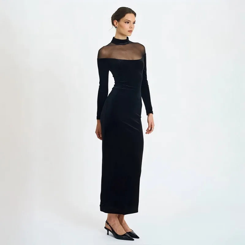 Mesh Velvet Patchwork Black Long Sleeve Maxi Dresses Elegant Woman for Party Evening Dress Autumn Winter