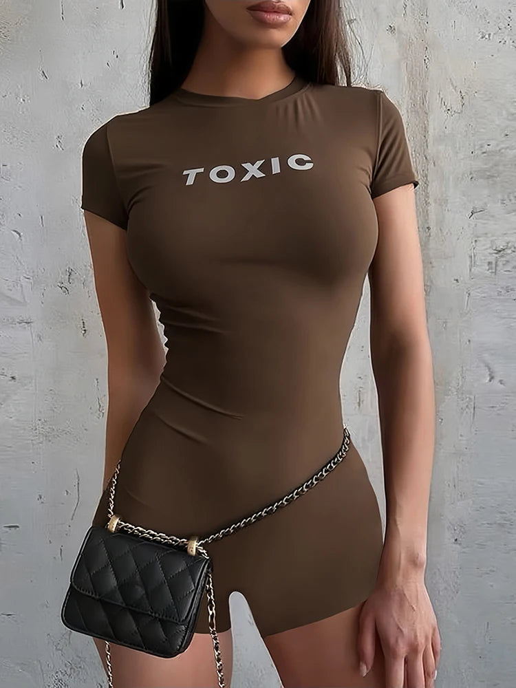 Letter Print Romper Women Fashion Body-Shaping  o-Neck Mini Sleeve Tight Peach Hip Simple Casual Workout Playsuits