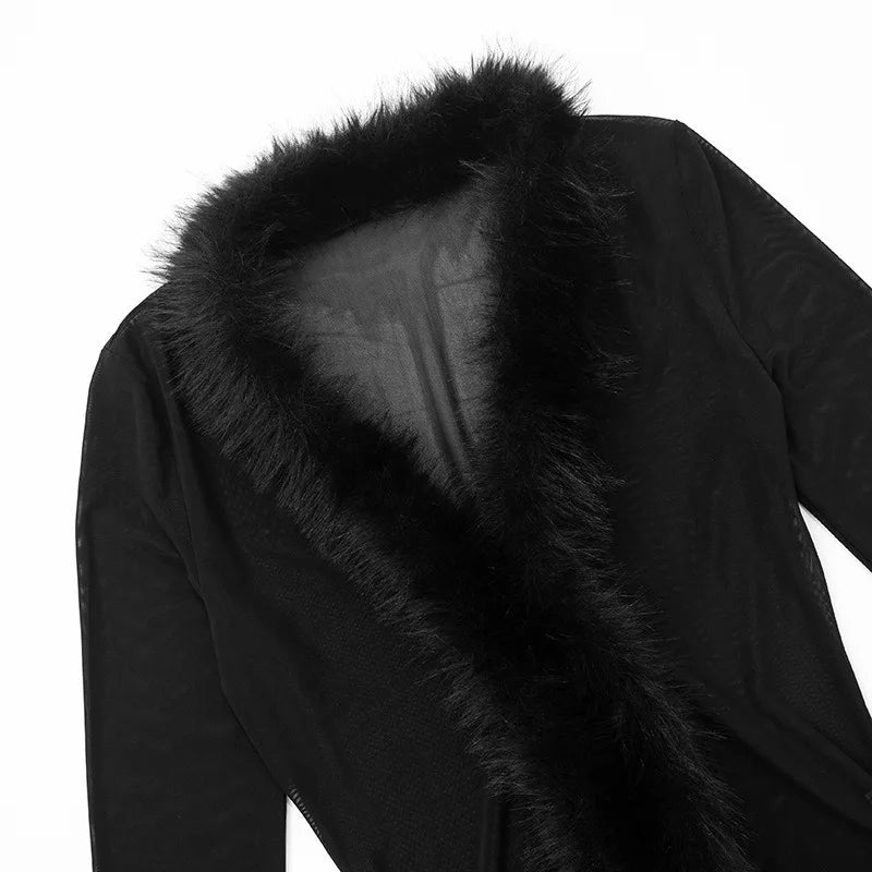 V Neck Faux Fur Collar Mesh Top Long Sleeve Sexy Shirts Fashion 2026 Woman See Through Black Tee Streetwear