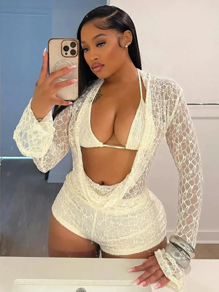 Sexy See Through 3 Piece Set Women Halter Bra+Swing Collar Flared Sleeve T-Shirts+Skinny Shorts Fashion Elegant Set