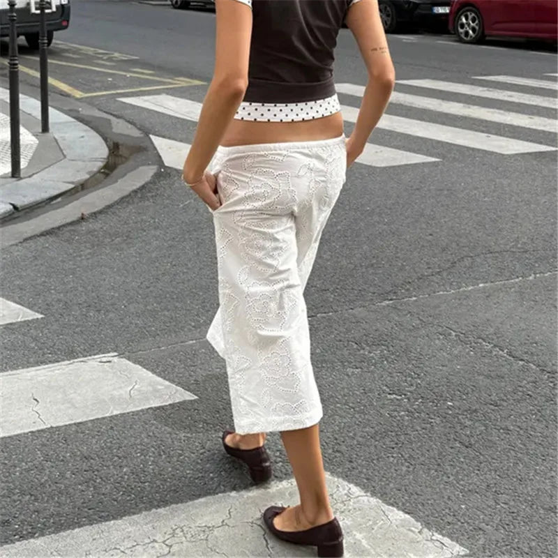 Women Eyelet Embroidery Capri Pants Elastic Drawstring Waist Hollow Loose Cropped Wide Leg Y2K Vintage Casual Trousers