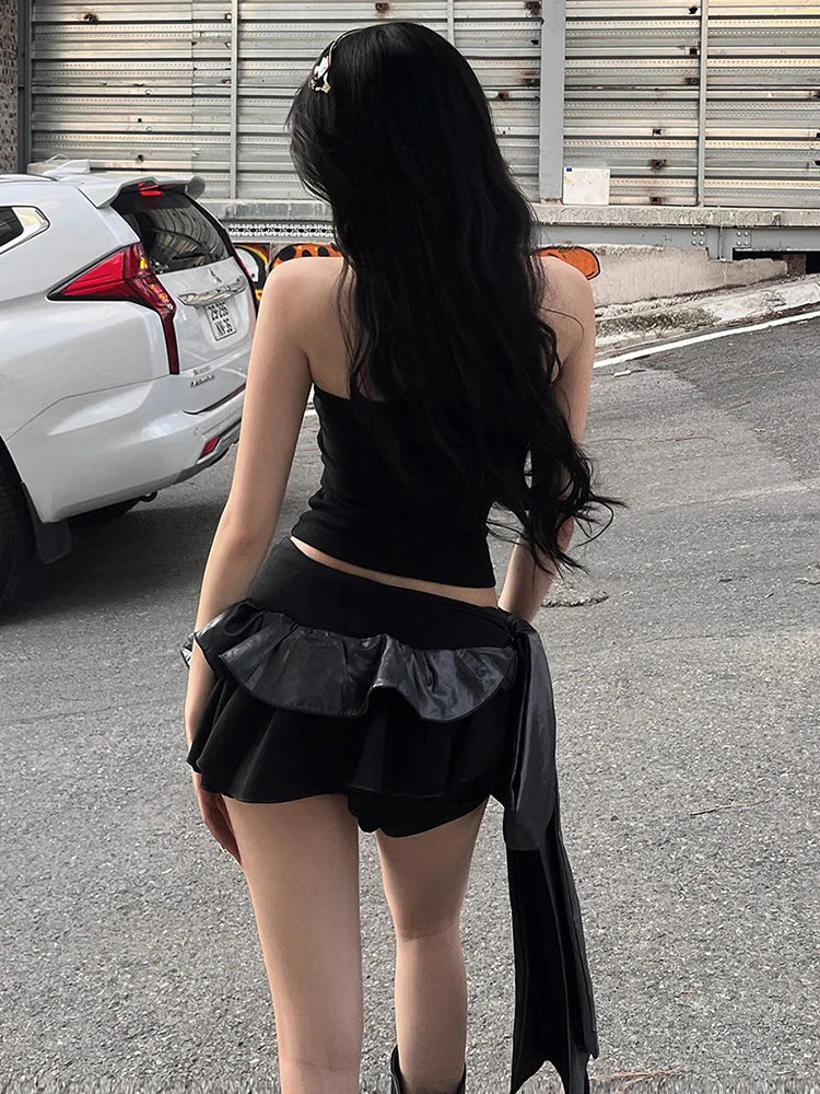 Big Bow Tassel Skirts Women Patchwork Leather Sexy Midnight Hottie Summer Trend Street Party Hipster Tierred Bottom