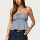 Summer Gingham Cami Top for Women Sexy Tie Front Ruffle Hem Sleeveless Peplum Blouse Casual Spaghetti Strap Top