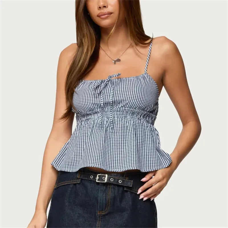 Summer Gingham Cami Top for Women Sexy Tie Front Ruffle Hem Sleeveless Peplum Blouse Casual Spaghetti Strap Top