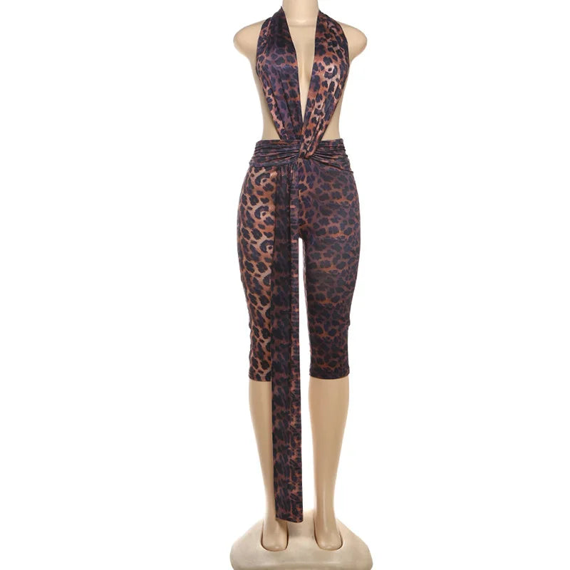 Sexy Women Bodycon Jumpsuit Solid Color Sleeveless Deep V Halter Neck Backless Bodysuit Midnight Activity Slim Playsuits