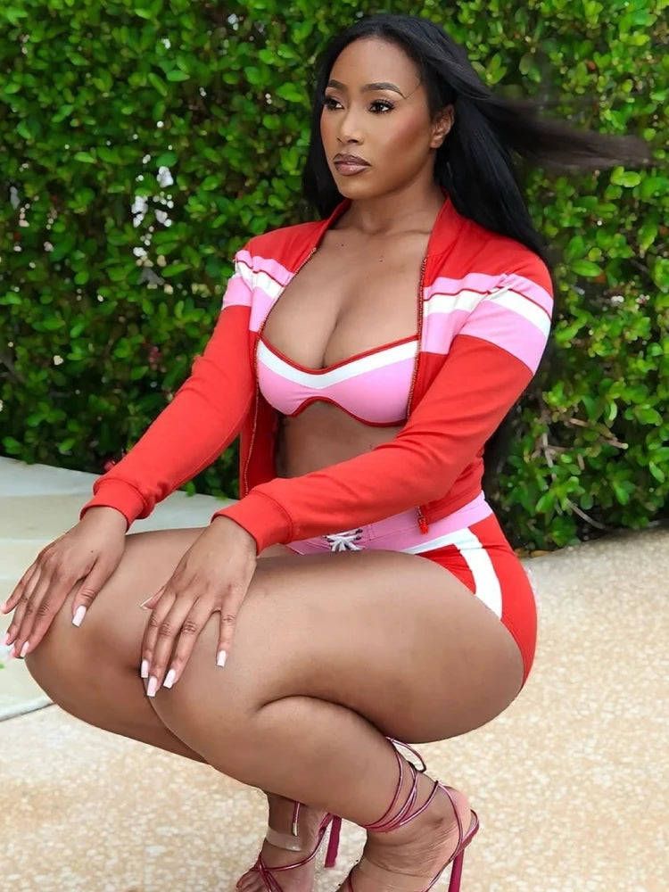 Colorblock Print 3 Piece Set Women Casual Zip Crop Tops+Bra+Shirring Shorts Matching Street Stretch Skinny Tracksuit