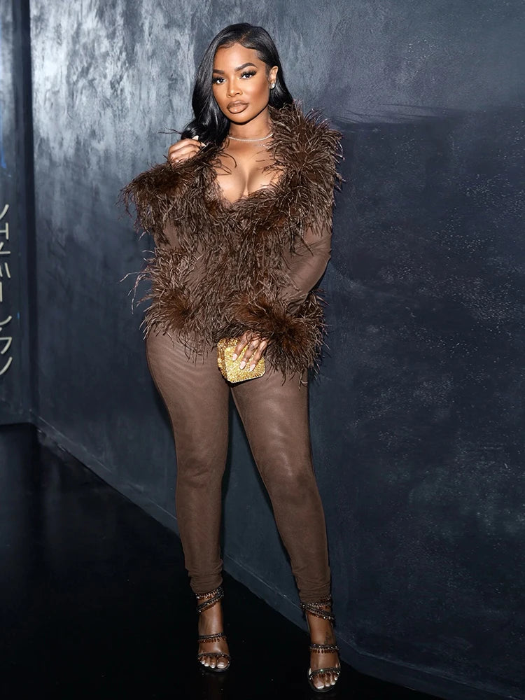 Feather Patchwork 2Piece Set Women Thin Fit Long Sleeve V-Neck Crop Top+Stretch Trousers Midnight Sexy Matching Suit