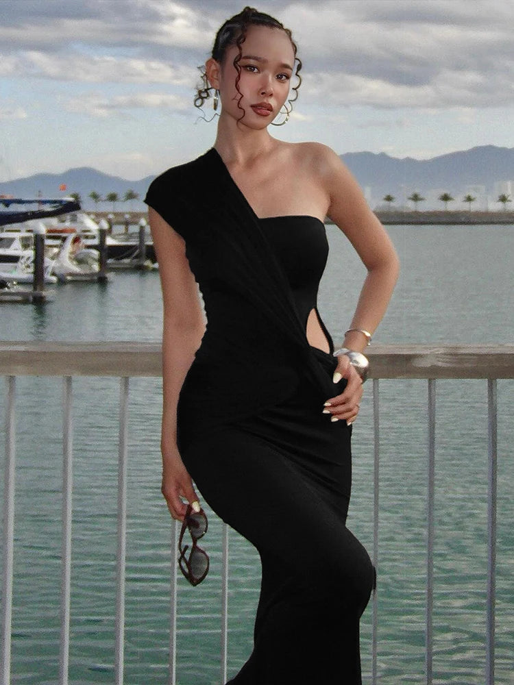 Casual Long Dress Woman Ruched Kink Design Skew Inclined Shoulder Sleeveless Backless Street Fashion Style Slim Vestidos