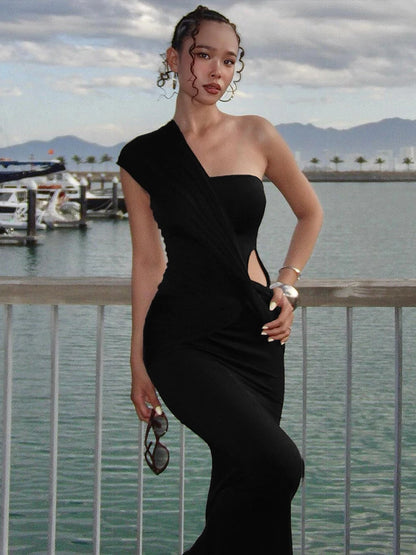 Casual Long Dress Woman Ruched Kink Design Skew Inclined Shoulder Sleeveless Backless Street Fashion Style Slim Vestidos