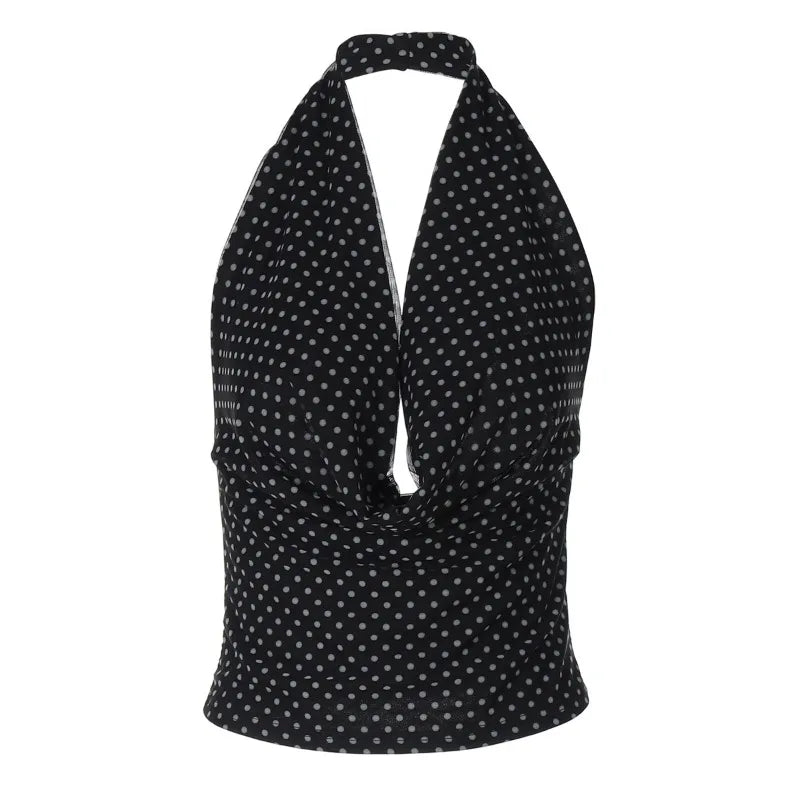 Polka Dot Print Halter Top Y2k 2000s Woman Clothes Sexy V Neck Backless Crop Tops Streetwear
