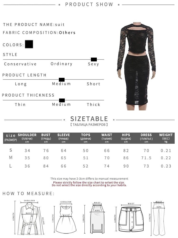See Through Jacquard 2 Piece Set Women Hollow o-Neck Full Sleeve Skinny Crop Tops+Classic Skirt Sexy Midnight Suit