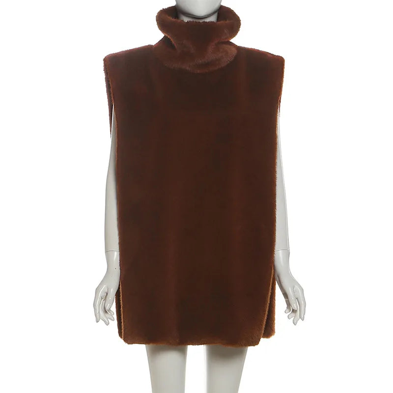 Brown Faux Fur Vest Turtleneck Sleeveless Tops Fashion Fall Winter Clothes for Woman Jackets Coats