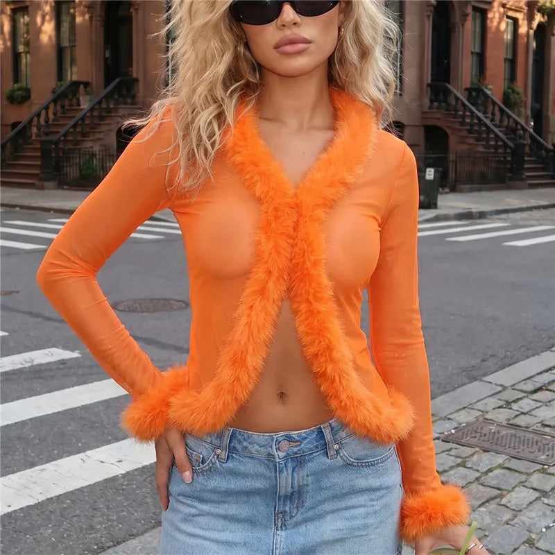 Women Y2K Faux Fur Trim Mesh Cardigan Long Sleeve V Neck Open Front Cropped Sheer Jacket Club Party Outerwear Tops