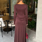 Women Long Sleeve Boat Neck Sexy Maxi Dress Draped Ruched Waist High Split Bodycon Formal Evening Party Long Dress