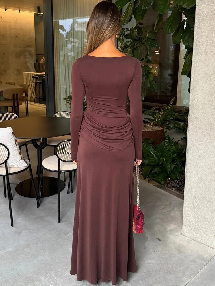 Women Long Sleeve Boat Neck Sexy Maxi Dress Draped Ruched Waist High Split Bodycon Formal Evening Party Long Dress