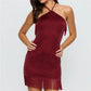 Sparkly Glitter Halter Bodycon Mini Dress Women Tassel Fringe Hem Back Self Tie Sleeveless Backless Night Out Club Dress