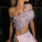 Women Sexy Beach Vacation y2k Chic Skew Collar Tank Tops Sequin Flowers Lace Up Crop Tops Summer Lady Vacation Camisole