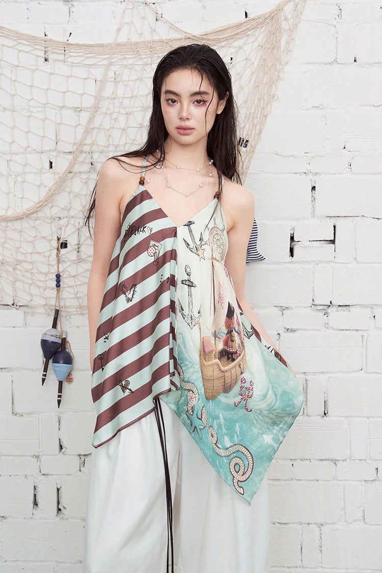 Nautical Print Chiffon Cami Top, Asymmetrical Patchwork Sleeveless Blouse