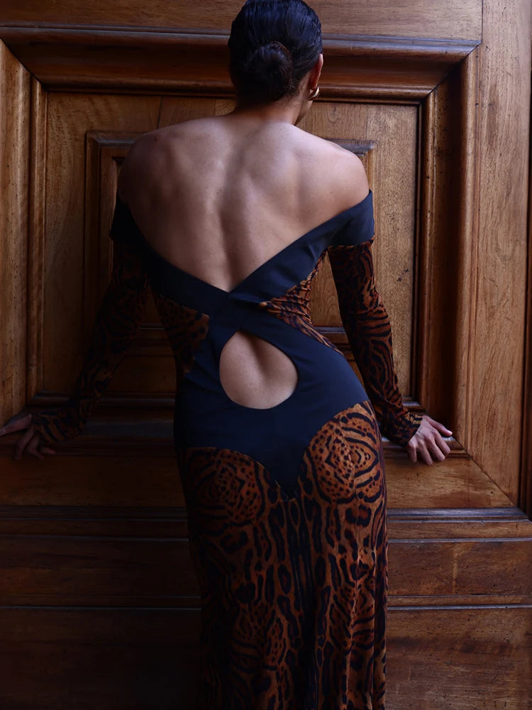 Sexy Leopard Backless Dress Women Autumn Trend Color Blocking Hollow Full Sleeve Elegant Fashion Party Street Bodycon