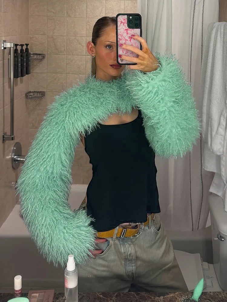 Fashion Furs Crop Tops Women Sexy Hottie O-Neck Full Sleeve Elegant Street Party Clubwear Autumn Simple Chic Outfits