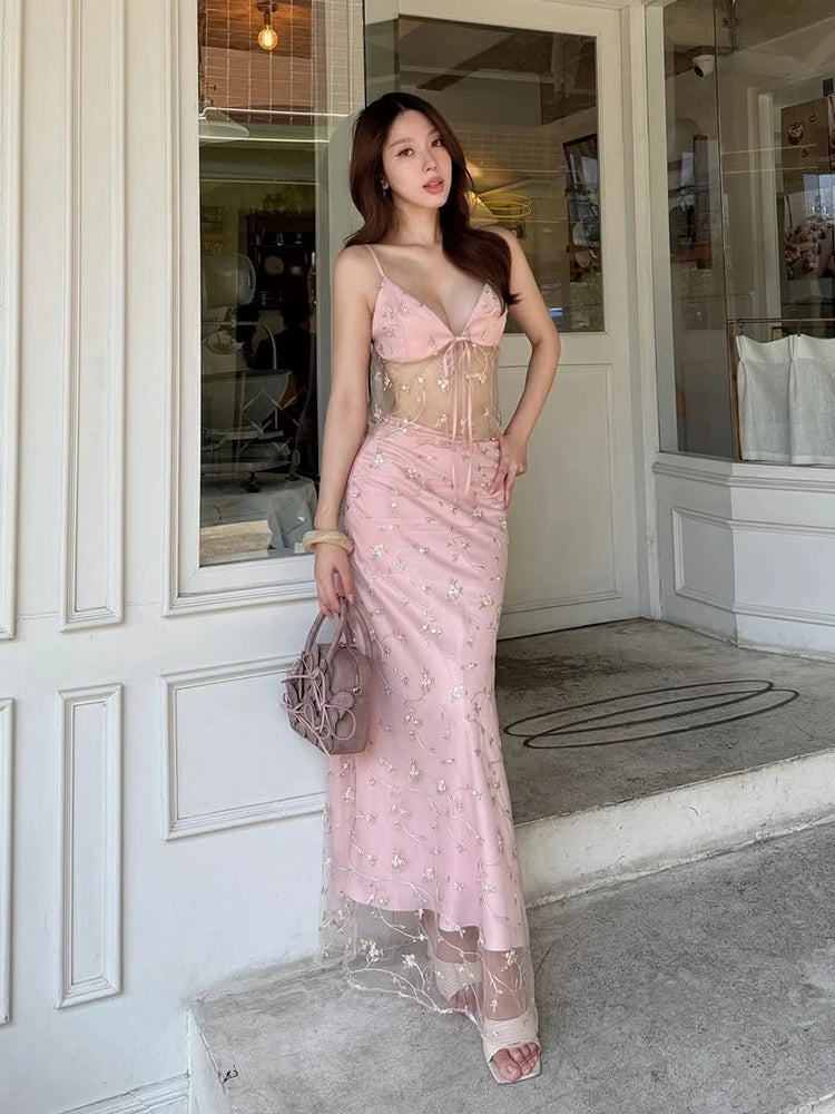 Sweet Flower Jacquard 2 Piece Set Women Trend Mesh Patchwork Bandages Sleeveless Tank Top+Skirts Sexy Party Clubwear