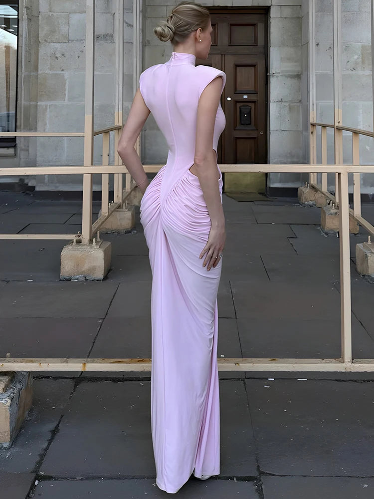 Pink Cutout Maxi Dress Women Summer Elegant High Neck Sleeveless Ruched Waist Bodycon Club Party Evening Long Dresses