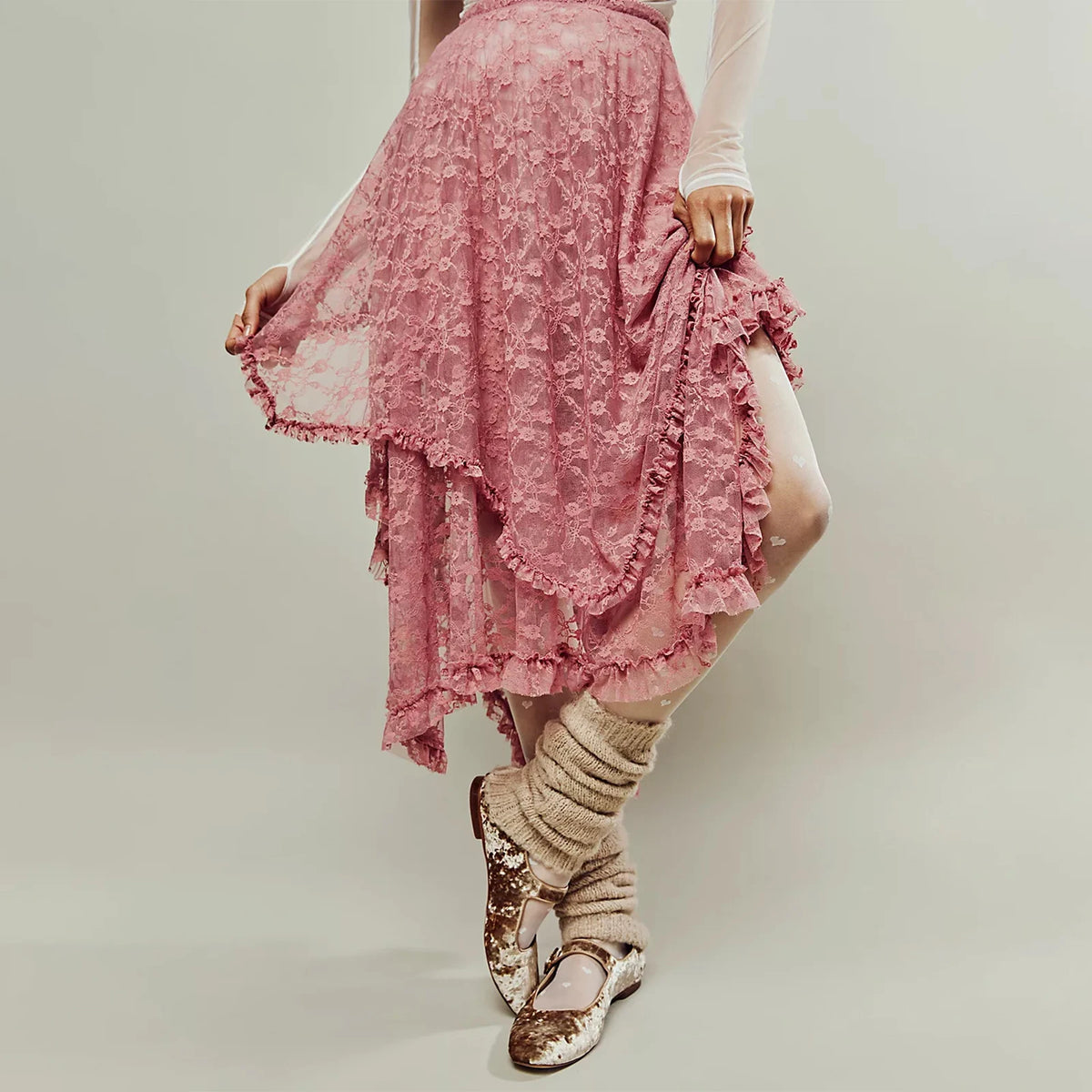 Floral Lace Long Skirt for Women Y2K Elastic Waist Asymmetrical Layered Maxi Skirt Sexy See Through Flowy Beach Skirt