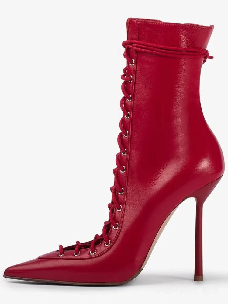 2026Spring/Summer New Lace Up Short Cool Boots Side Zipper Banquet Slimming High Heels Sexy Knee Length Women's Boots