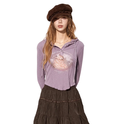Women's Cropped Hooded Graphic Tee with Deer Print, Long Sleeve Casual Top for Everyday Wear
