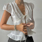 Women Tie Front Lace Trim Tank Tops Y2k Fairy V Neck Cami Crop Top Summer Going Out Tops Vintage Streetwear