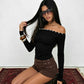 Button Off Shoulder Long Sleeve Tops Fall 2026 Fashion Solid Color Fitted T Shirts Woman Clothing