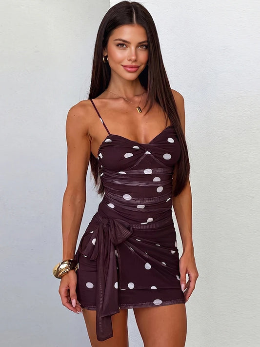 Elegant Mesh Dress Women Sexy Polka Dot Print Ruched Low Neck Backless Bandages Sleeveless Fashion Party Club Bodycon