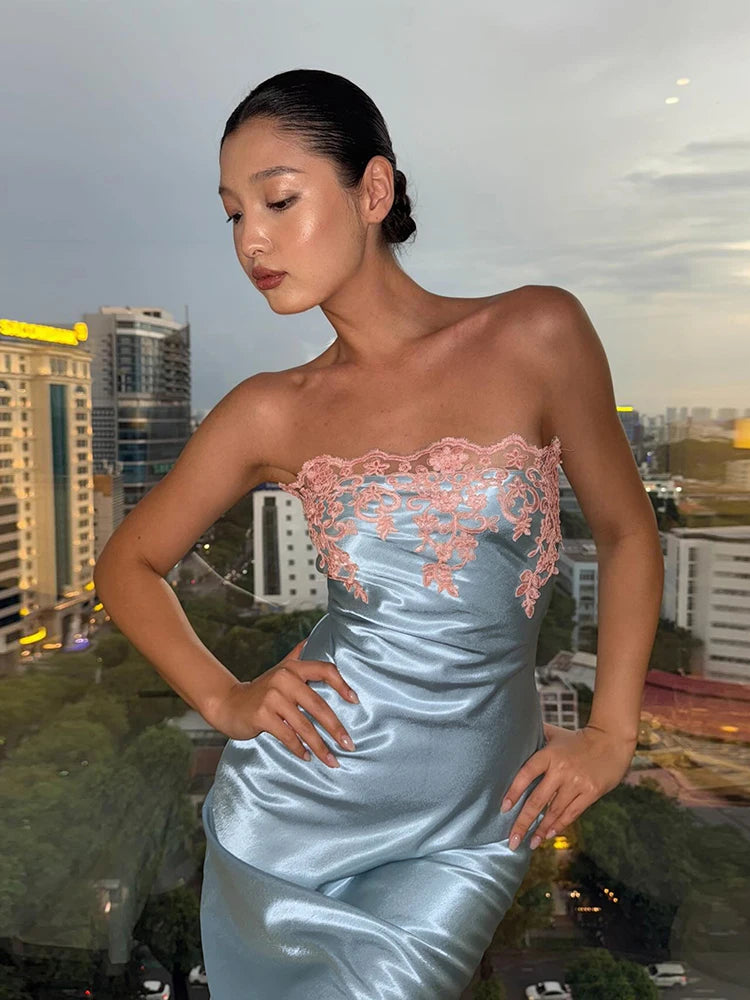Patchwork Lace Flower Maxi Dress Women Chest Wrap Sleeveless Skinny Summer Fashion Chic Elegant Beach Party Vacation