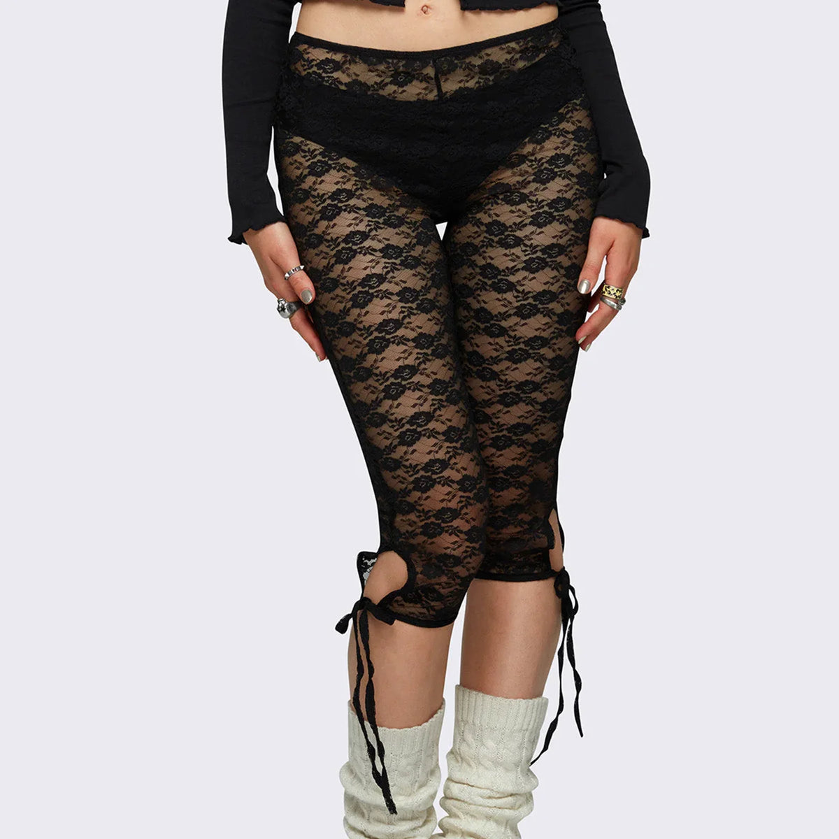 Lace Capri Leggings for Women Y2k Mesh See Through Pants Fairycore Floral Lace Tights Pants for Daily Streetwear