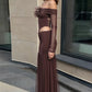 Waistless Long Dress Woman Mesh Patchwork 3d Furry Decoration Slash Neck Backless Street Fashion Ruched Elegant Vestidos