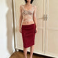 Sexy 2-Piece Set Women See Through Jacquard O-Neck T-Shirt+Bow Decoration Elastic Waist Skirt Summer Chic Party Suit