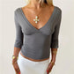Y2K Vintage Wrap V Neck Crop Top Ladies 3/4 Sleeve Ruched Slim Fitted Short Blouse Casual Going Out Streetwear Tops