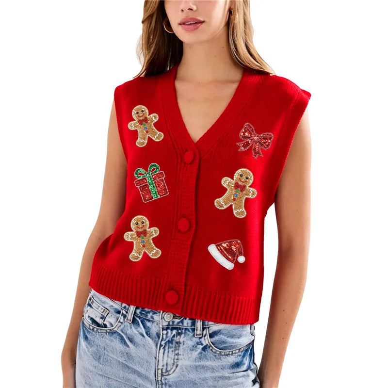 Women Xmas Sleeveless Knit Sweater Vest V Neck Button Down Cropped Waistcoat Sequin Patch Holiday Party Knit Gilet