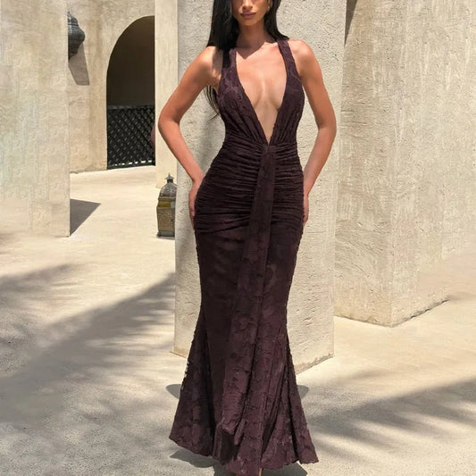 Sexy Lace Mesh Sheer Deep V Neck Backless Fishtail Maxi Dresses for Woman Elegant Party Long Dresses
