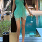 Starfish Metal Decoration Dress Women Halter Gradient Ruffles Folds Backless Sleeveless Beach Party Skinny Bodycon