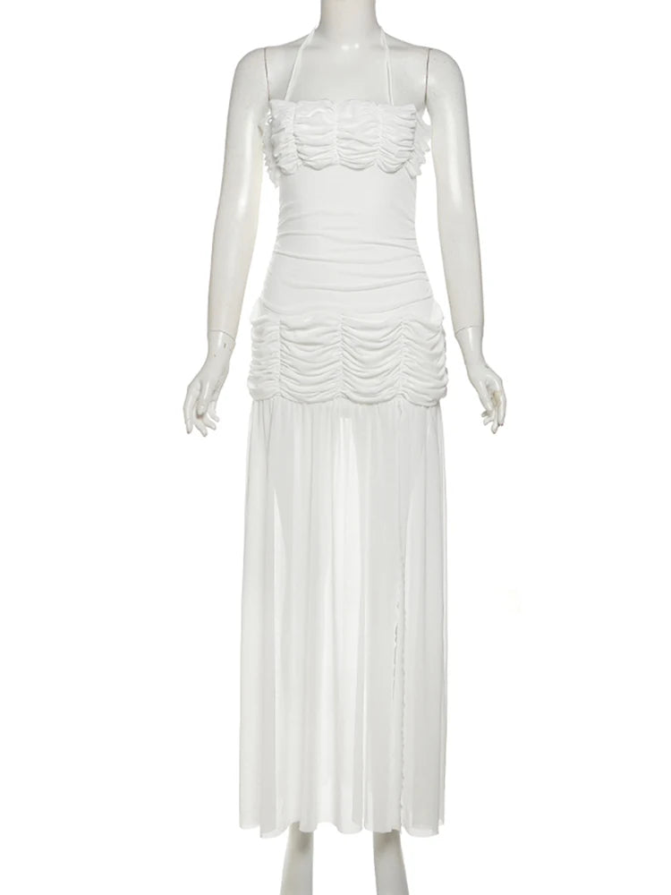 Patchwork Mesh Maxi Dress Women High Slits Folds Halter Bandage Backless Sleeveless Elegant Temperament Banquet Vestidos