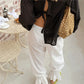Women Swiss Dot Harem Pants Elastic Waist Ruffle Cuff Drawstring Hem Loose Bohemian Casual Holiday Beach Trousers