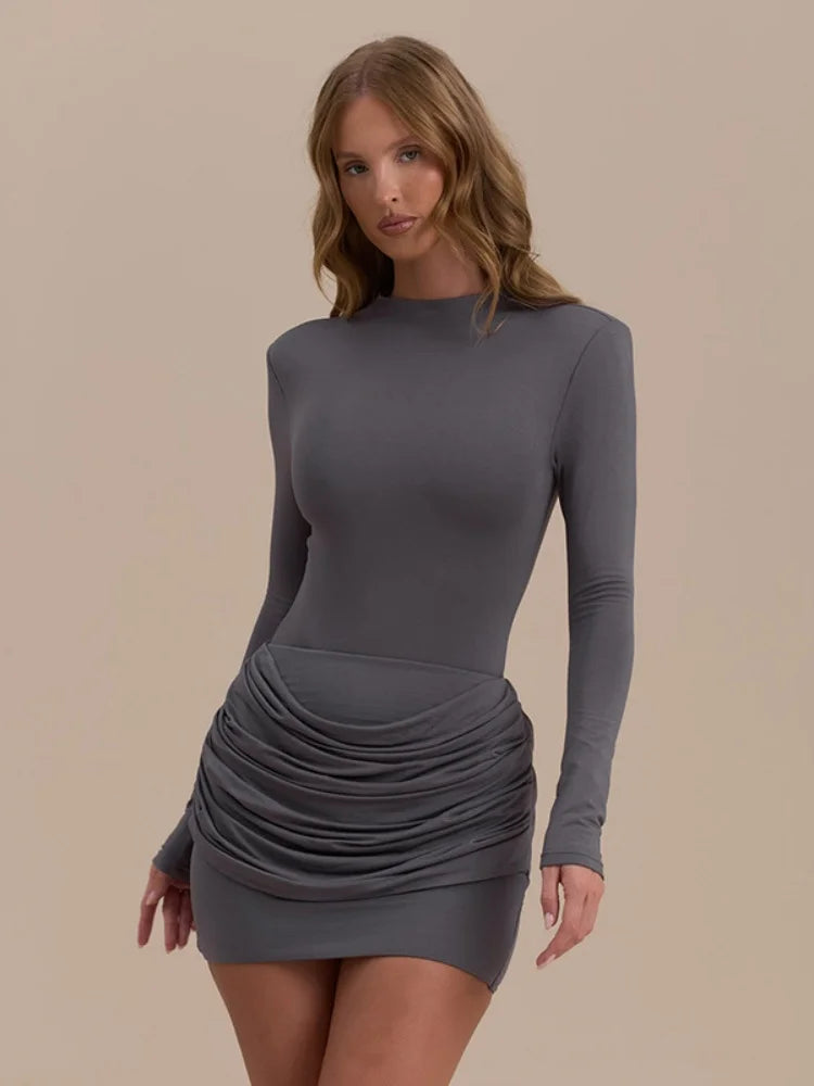 Long Sleeve Ruched Mini Dress Fashion Fall Winter Solid Color Bodycon Dresses for Woman Clothes