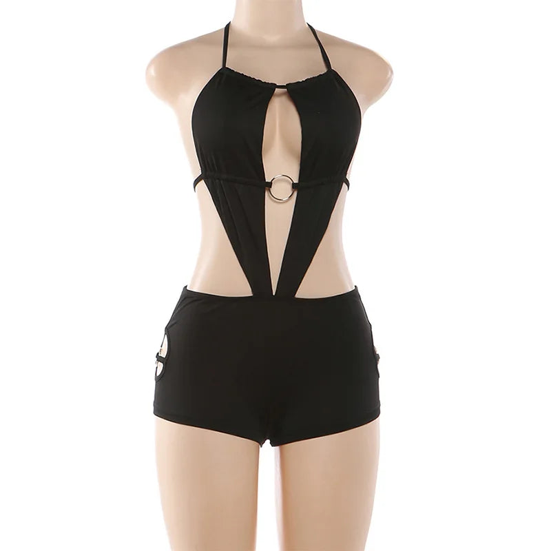 Women's Sexy Halter Neck Cutout Ring Detail Romper Backless Tie Up Bodycon Short Jumpsuit Y2K Rave Festival Outfit